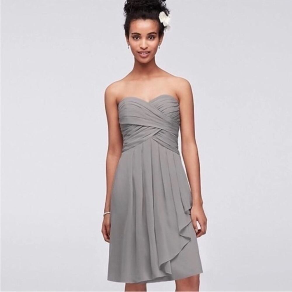NWT David’s Bridal Strapless Crinkle Chiffon Bridesmaid Dress Mercury Gray Sz 8